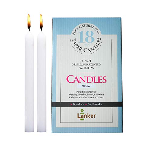 LANKER 18 Pack Taper Candles – 8 Inch Dripless Unscented Smokeless Candles – 6.5 Hours Burning Time - Decoration for Wedding, Churches, Dinner, Halloween and Christmas (White)