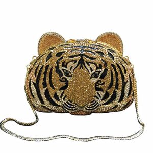 nice buy lady dazzle full diamond clutch tiger head evening bag bling rhinestone chain cross body bag animal purse (gold 1), medium