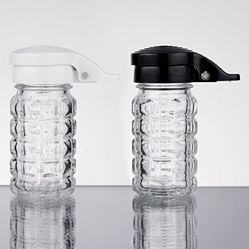 Tablecraft Moisture Proof Salt & Pepper Shakers - 1.5 Oz - Glass w/Black & White Lids Spring Loaded, No Clog, Set of 2