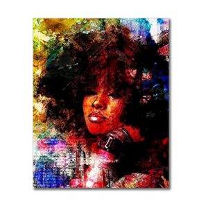 HVEST African Woman Canvas Wall Art-Black Woman with Afro Hair Artwork Hippie Painting for Living Room Bedroom Bathroom Office Wall Decor,Stretched and Framed Ready to Hang,12x16 inches