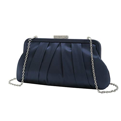 CHARMING TAILOR Classic Pleated Satin Clutch Bag Diamante Embellished Formal Purse for Wedding/Prom/Black-Tie Events (Navy)