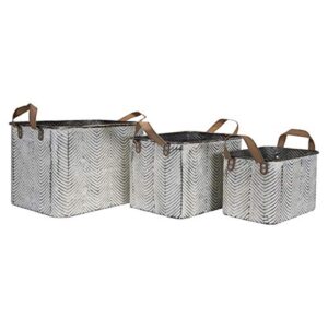 foreside home & garden rustic set of 3 whitewashed pattern galvanized metal decorative storage bins with faux leather handles