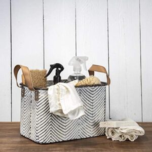 Foreside Home & Garden Rustic Set of 3 Whitewashed Pattern Galvanized Metal Decorative Storage Bins with Faux Leather Handles