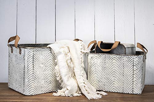 Foreside Home & Garden Rustic Set of 3 Whitewashed Pattern Galvanized Metal Decorative Storage Bins with Faux Leather Handles