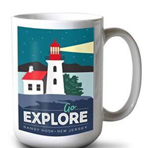 Sandy Hook, New Jersey, Go Explore, Lighthouse, Vector Style (15oz White Ceramic Coffee and Tea Mug, Dishwasher and Microwave Safe)