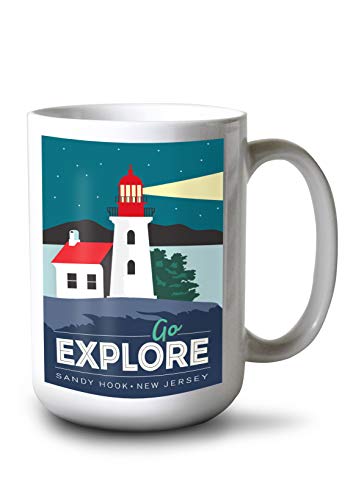 Sandy Hook, New Jersey, Go Explore, Lighthouse, Vector Style (15oz White Ceramic Coffee and Tea Mug, Dishwasher and Microwave Safe)