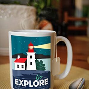 Sandy Hook, New Jersey, Go Explore, Lighthouse, Vector Style (15oz White Ceramic Coffee and Tea Mug, Dishwasher and Microwave Safe)