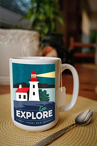 Sandy Hook, New Jersey, Go Explore, Lighthouse, Vector Style (15oz White Ceramic Coffee and Tea Mug, Dishwasher and Microwave Safe)