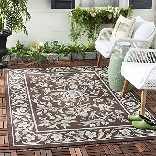 SAFAVIEH Veranda Collection 5'3" x 7'7" Chocolate / Aqua VER011 Floral Indoor/ Outdoor Non-Shedding Easy--Cleaning Patio Backyard Porch Deck Mudroom Area--Rug