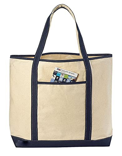 Handy Laundry Canvas Tote Beach Bag - Large Bags with Shoulder Straps, Strong Enough to Carry Beach Gear and Wet Towels. Front Pocket, Inside Zippered Pocket. (Navy Blue)