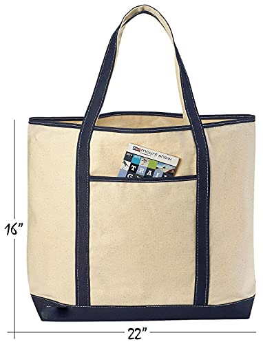 Handy Laundry Canvas Tote Beach Bag - Large Bags with Shoulder Straps, Strong Enough to Carry Beach Gear and Wet Towels. Front Pocket, Inside Zippered Pocket. (Navy Blue)
