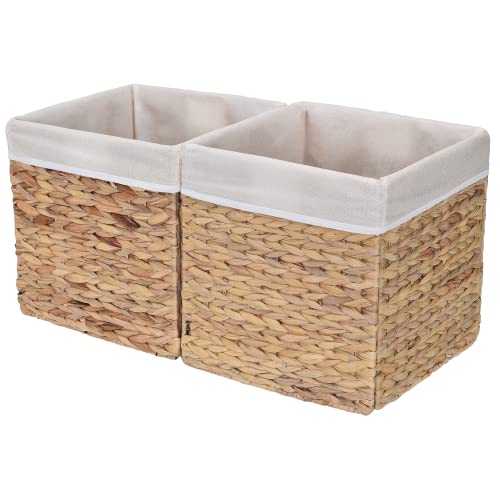 StorageWorks Wicker Baskets for Storage with Liners, Water Hyacinth Storage Baskets for Organizing, Handwoven Wicker Storage Cubes, Medium, 2 Pack