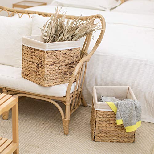 StorageWorks Wicker Baskets for Storage with Liners, Water Hyacinth Storage Baskets for Organizing, Handwoven Wicker Storage Cubes, Medium, 2 Pack