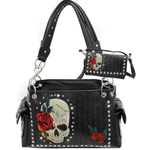 rhinestone skull rose western concealed carry handbag purse wallet set