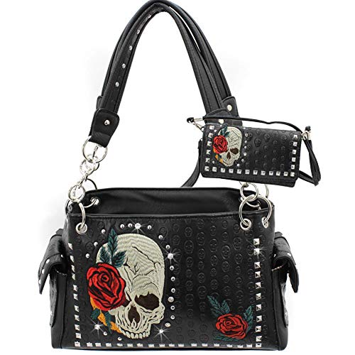 Rhinestone Skull Rose Western concealed Carry Handbag Purse Wallet Set