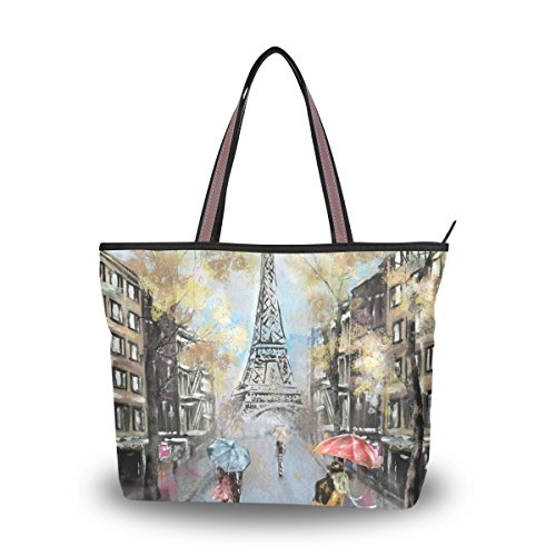 U LIFE Oil Painting Vintage Paris Eiffel Tower Large Carry On Tote Bag Handbags