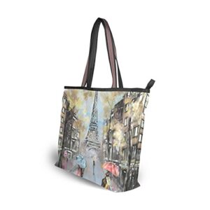 U LIFE Oil Painting Vintage Paris Eiffel Tower Large Carry On Tote Bag Handbags