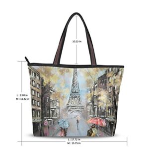 U LIFE Oil Painting Vintage Paris Eiffel Tower Large Carry On Tote Bag Handbags