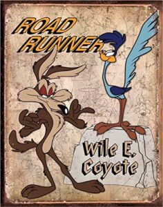 desperate enterprises road runner & wile e coyote tin sign – nostalgic vintage metal wall decor – made in usa