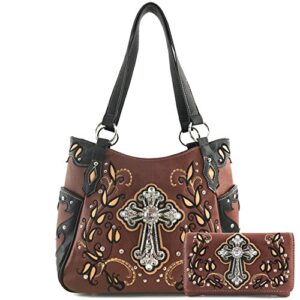justin west western floral rhinestone side pocket cross slim handle handbag purse tote and strap wallet (brown purse and wallet)