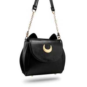 Oct17 Moon Luna Design Purse Kitty Cat satchel shoulder bag Designer Women Handbag Tote PU Leather Girls Teens School Sailer Style (Black)