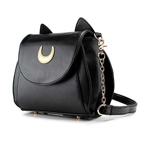 Oct17 Moon Luna Design Purse Kitty Cat satchel shoulder bag Designer Women Handbag Tote PU Leather Girls Teens School Sailer Style (Black)