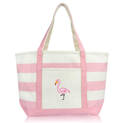 DALIX Flamingo Striped Canvas Tote Bag Premium Cotton in Pink