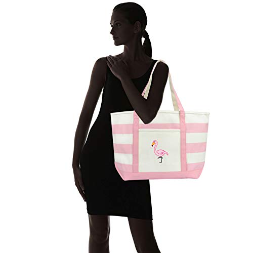 DALIX Flamingo Striped Canvas Tote Bag Premium Cotton in Pink