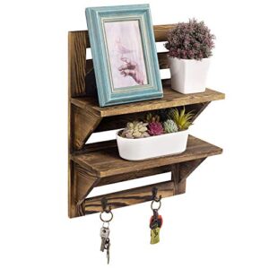 mygift 2-tier dark brown wood wall mounted shelf rack with key hooks, entryway storage display shelves, bathroom shelving and towel hooks, 7 x 13-inches