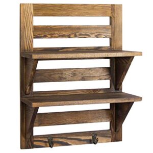 MyGift 2-Tier Dark Brown Wood Wall Mounted Shelf Rack with Key Hooks, Entryway Storage Display Shelves, Bathroom Shelving and Towel Hooks, 7 x 13-Inches