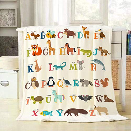 Mugod Zoo Alphabet Throw Blanket Cute Zoo Alphabet with Different Animals in Cartoon Style Decorative Soft Warm Cozy Flannel Plush Throws Blankets for Baby Toddler Dog Cat 30 X 40 Inch