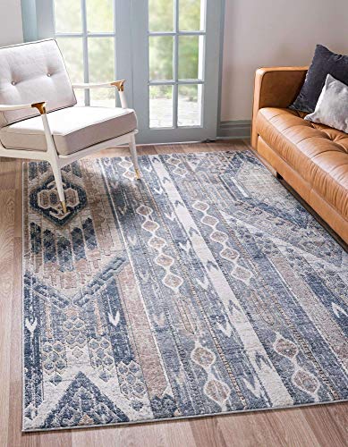 Unique Loom Portland Collection Southwestern Inspired Striped Tone Area Rug, 7 ft x 10 ft, Navy Blue/Tan