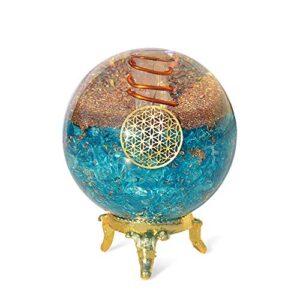 orgonite crystal blue aquamarine crystal ball with stand for positive energy, e-emission protection and chakra balancing –with flower of life symbol to promote purpose, serenity and courage
