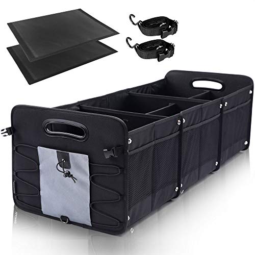 GEEDAR Large Trunk Organizer Car Organizers and Storage for SUV 3 Compartments Collapsible Portable Non-Slip Bottom Tie Down Strap (Gray)