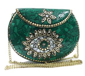 stone mosaic metal bag antique ethnic bridal clutch indian purse party clutch women bag (turquoise)