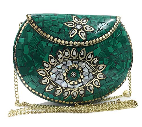 stone mosaic metal bag antique ethnic bridal clutch Indian purse party clutch women bag (Turquoise)