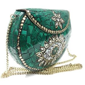 stone mosaic metal bag antique ethnic bridal clutch Indian purse party clutch women bag (Turquoise)