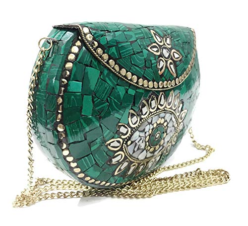 stone mosaic metal bag antique ethnic bridal clutch Indian purse party clutch women bag (Turquoise)