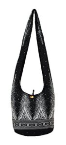 thai hippie hobo sling crossbody shoulder bag purse handmade zip peacock tail cotton gypsy boho messenger medium (m1076 (black))