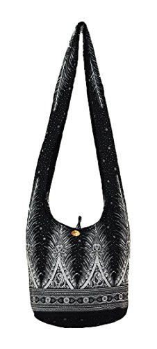 Thai Hippie Hobo Sling Crossbody Shoulder Bag Purse Handmade Zip Peacock Tail Cotton Gypsy Boho Messenger Medium (M1076 (Black))