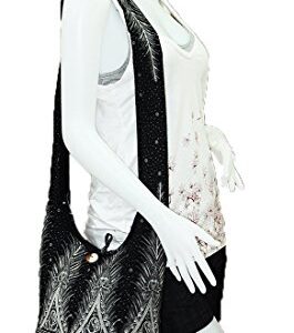 Thai Hippie Hobo Sling Crossbody Shoulder Bag Purse Handmade Zip Peacock Tail Cotton Gypsy Boho Messenger Medium (M1076 (Black))