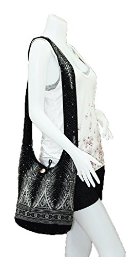 Thai Hippie Hobo Sling Crossbody Shoulder Bag Purse Handmade Zip Peacock Tail Cotton Gypsy Boho Messenger Medium (M1076 (Black))