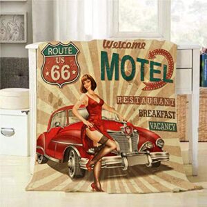 mugod advertising throw blanket motel route 66 vintage poster with sexy stockings girl and red car decorative soft warm cozy flannel plush throws blankets for bedding sofa couch 60 x 80 inch