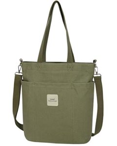 iswee canvas tote bag with pockets shoulder bag casual top handle handbag large crossbody bags for women (dark green)