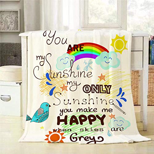 Mugod Beautiful Greeting Card Throw Blanket You are My Sunshine with Bird Cloud Rainbow and Sun Decorative Soft Warm Cozy Flannel Plush Throws Blankets for Baby Toddler Dog Cat 30 X 40 Inch