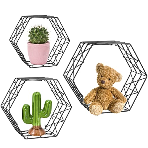 ERYTLLY Hexagon Hanging Floating Shelves, Wall Mounted Metal Farmhouse Storage Honeycomb Decorative Shelf Display Set of 3 - Modern Room Decor for Bathroom, Kitchen, Bedroom (Black)