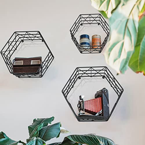 ERYTLLY Hexagon Hanging Floating Shelves, Wall Mounted Metal Farmhouse Storage Honeycomb Decorative Shelf Display Set of 3 - Modern Room Decor for Bathroom, Kitchen, Bedroom (Black)