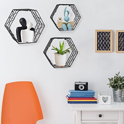 ERYTLLY Hexagon Hanging Floating Shelves, Wall Mounted Metal Farmhouse Storage Honeycomb Decorative Shelf Display Set of 3 - Modern Room Decor for Bathroom, Kitchen, Bedroom (Black)