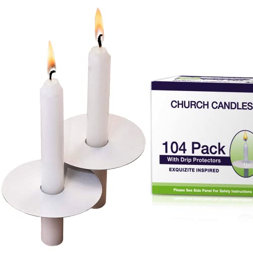 Exquizite 104 Church Candles with Drip Protectors - Hidden Wicks - Light and Burn as Usual - Vigil Candles, Memorial Candles, Congregational Candles, Christmas Eve Candles - 5" H X 1/2" D