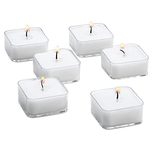 White Square Tealight Candles with Clear Cup - Set of 36 Unscented Tea Lights - 5 Hour Burn Time